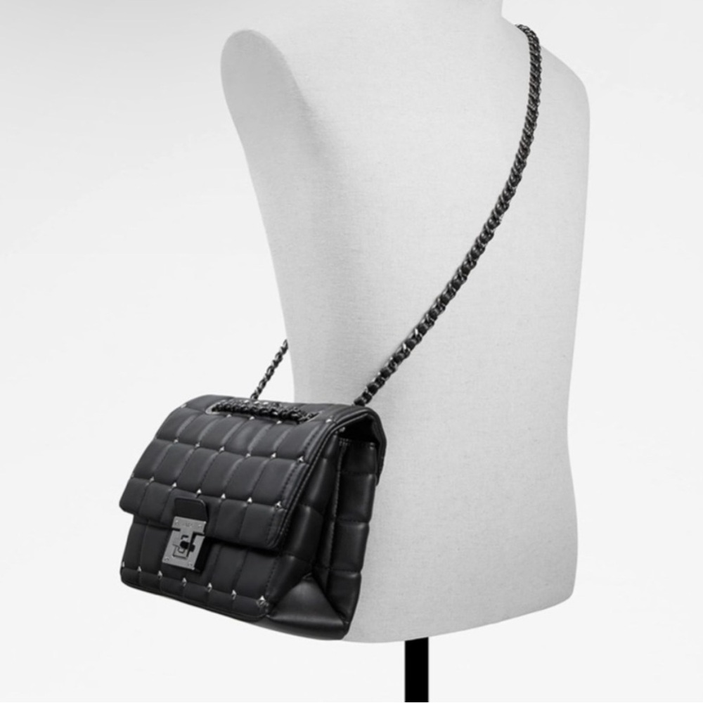 Aldo Olelirin Black Quilted Vegan Leather Silver Studded Crossbody Shoulder Bag - Picture 16 of 16